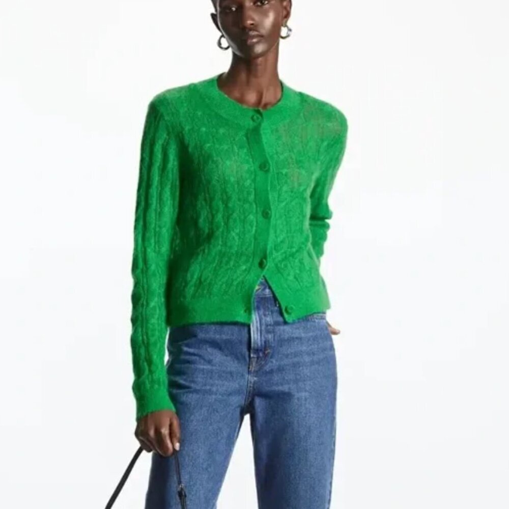 COS Cable Knit Mohair Button Front Cardigan in Bright Green Large